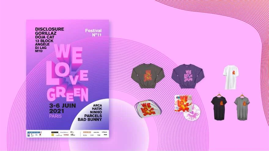 Affiche violette et merchandising We Love Green